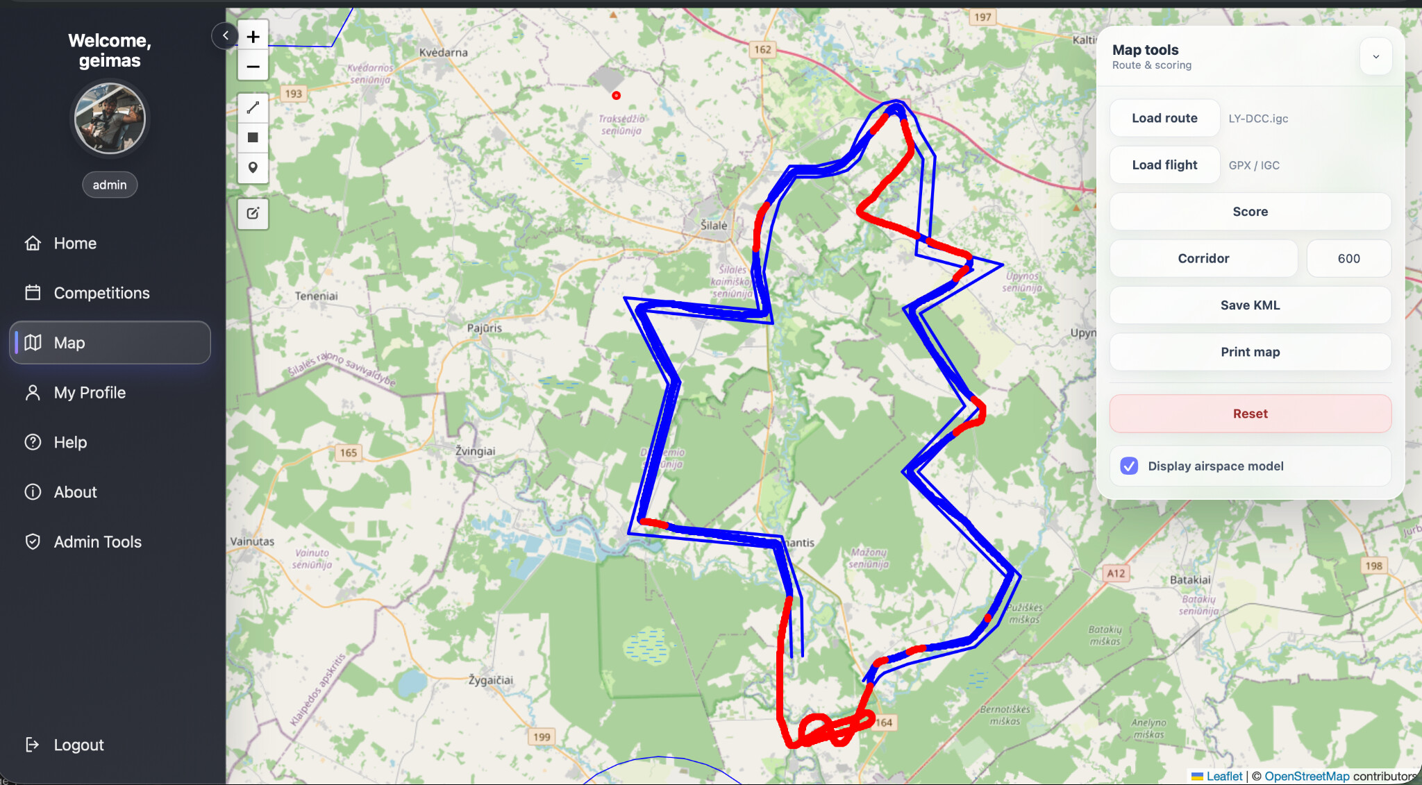 GEIMAS map tools showing an air competition route and scored flight track